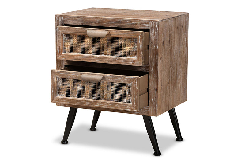 Lovina Mid-Century Modern Whitewashed Natural Brown Finished Wood and Rattan 2-Drawer End Table