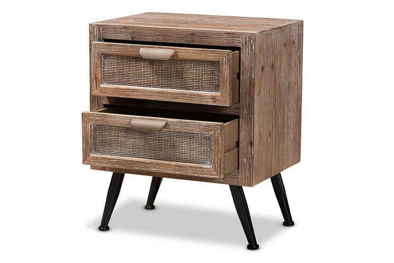 Lovina Whitewashed Natural Brown and Rattan 2-Drawer End Table Baxton