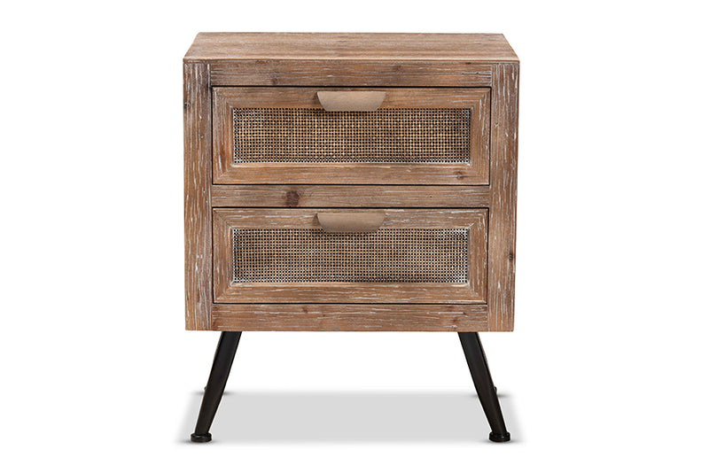 Lovina Mid-Century Modern Whitewashed Natural Brown Finished Wood and Rattan 2-Drawer End Table