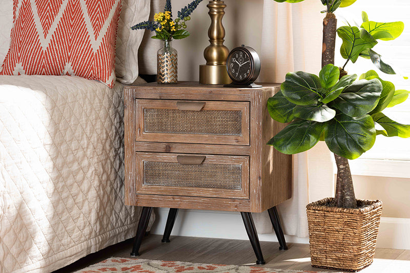 Lovina Mid-Century Modern Whitewashed Natural Brown Finished Wood and Rattan 2-Drawer End Table