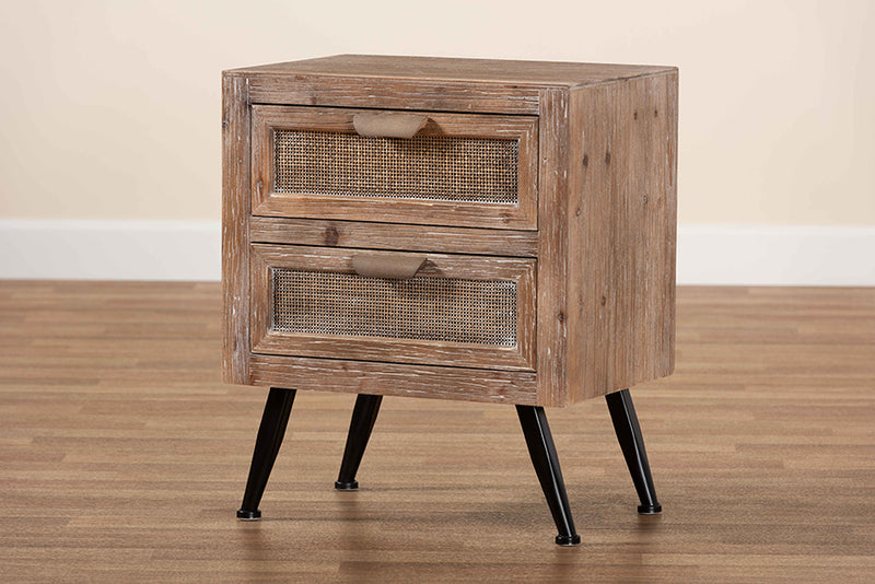 Lovina Mid-Century Modern Whitewashed Natural Brown Finished Wood and Rattan 2-Drawer End Table