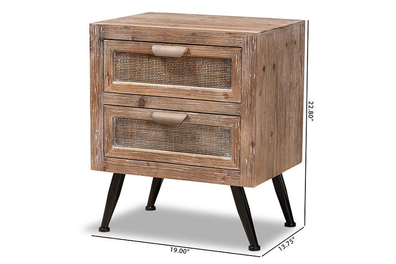 Lovina Mid-Century Modern Whitewashed Natural Brown Finished Wood and Rattan 2-Drawer End Table