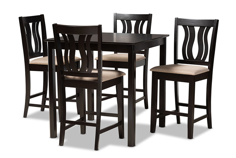 Roald Modern and Contemporary Sand Fabric Upholstered and Dark Brown Finished Wood 5-Piece Pub Set