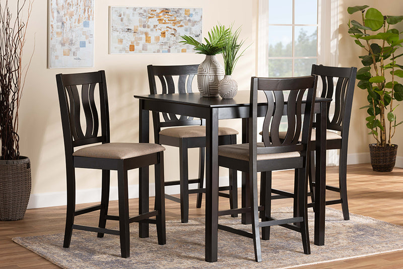 Roald Modern and Contemporary Sand Fabric Upholstered and Dark Brown Finished Wood 5-Piece Pub Set