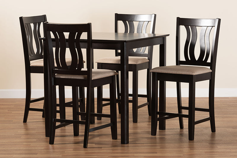 Roald Modern and Contemporary Sand Fabric Upholstered and Dark Brown Finished Wood 5-Piece Pub Set