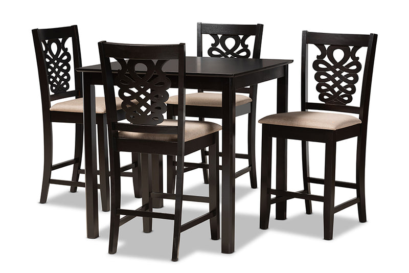 Brenner Modern and Contemporary Sand Fabric Upholstered and Dark Brown Finished Wood 5-Piece Pub Set