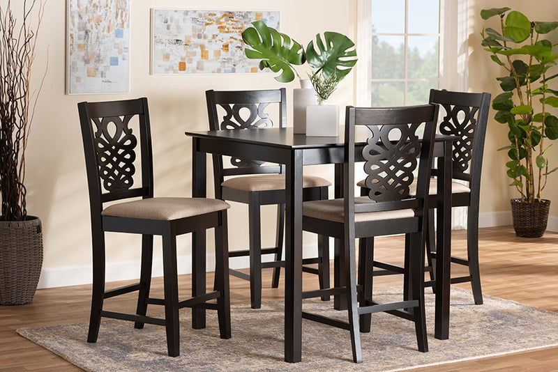 Brenner Modern and Contemporary Sand Fabric Upholstered and Dark Brown Finished Wood 5-Piece Pub Set