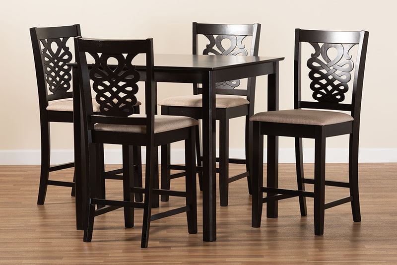 Brenner Modern and Contemporary Sand Fabric Upholstered and Dark Brown Finished Wood 5-Piece Pub Set