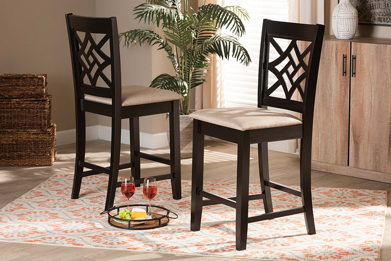 Braylin Modern and Contemporary Sand Fabric Upholstered and Dark Brown Finished Wood 2-Piece Counter Stool Set