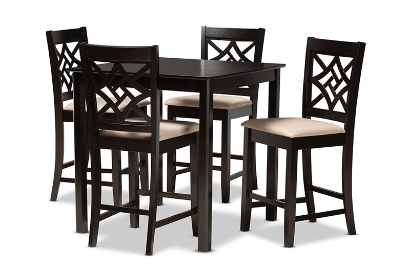 Braylin Modern and Contemporary Sand Fabric Upholstered and Dark Brown Finished Wood 5-Piece Pub Set