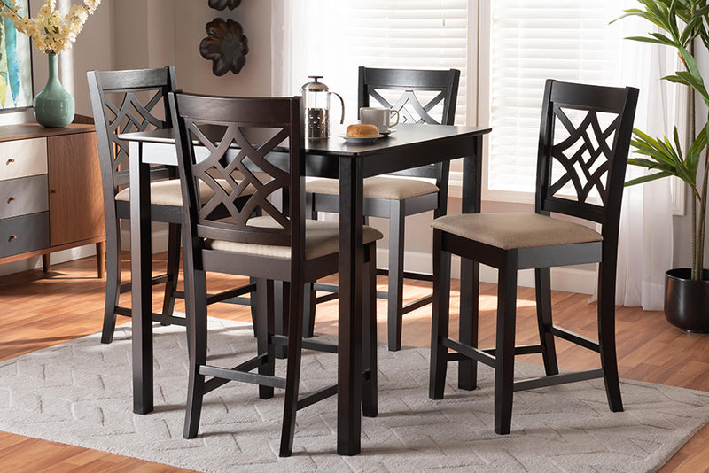 Braylin Modern and Contemporary Sand Fabric Upholstered and Dark Brown Finished Wood 5-Piece Pub Set