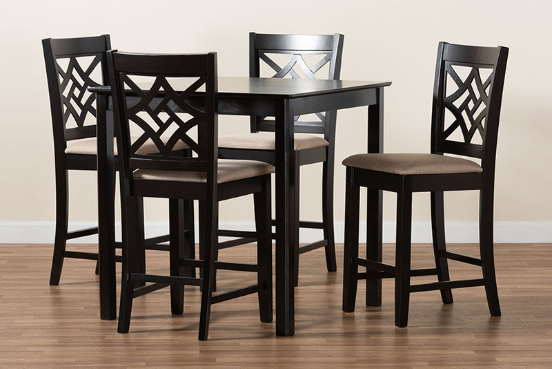 Braylin Modern and Contemporary Sand Fabric Upholstered and Dark Brown Finished Wood 5-Piece Pub Set