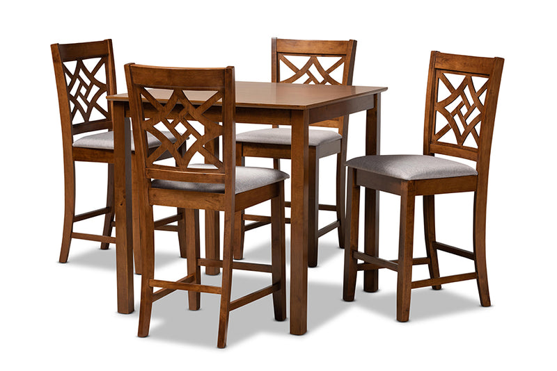 Braylin Modern and Contemporary Gray Fabric Upholstered and Walnut Brown Finished Wood 5-Piece Pub Set