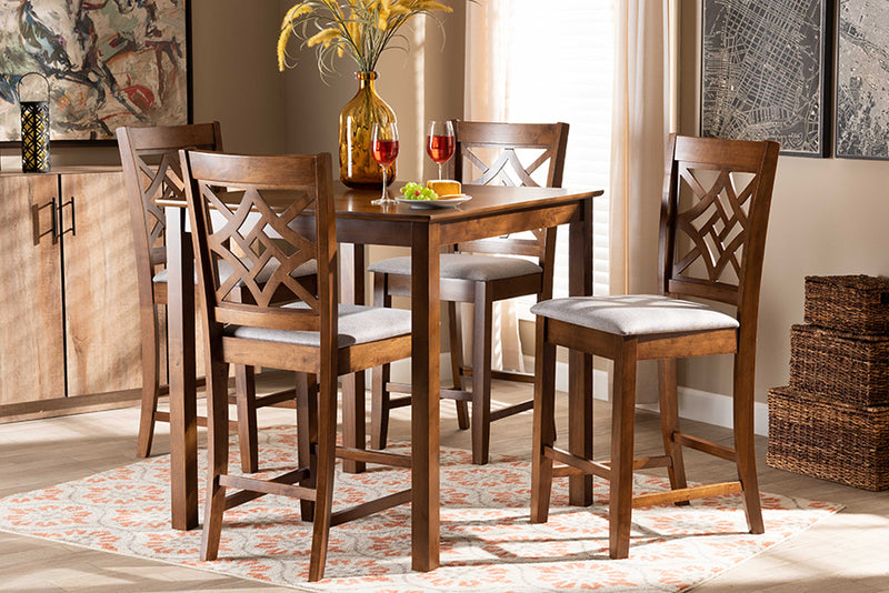 Braylin Modern and Contemporary Gray Fabric Upholstered and Walnut Brown Finished Wood 5-Piece Pub Set