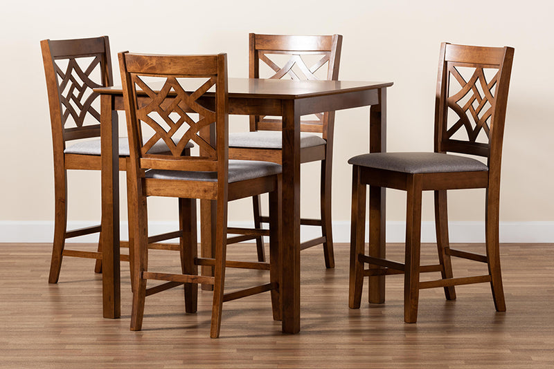 Braylin Modern and Contemporary Gray Fabric Upholstered and Walnut Brown Finished Wood 5-Piece Pub Set