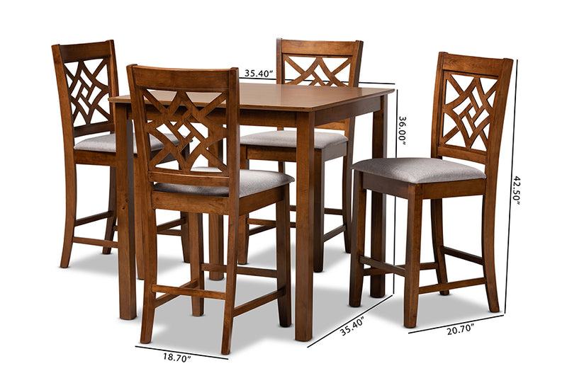 Braylin Modern and Contemporary Gray Fabric Upholstered and Walnut Brown Finished Wood 5-Piece Pub Set