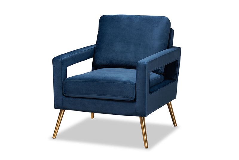 Prewitt Navy Blue Velvet Fabric Upholstered and Gold Finished Armchair Baxton