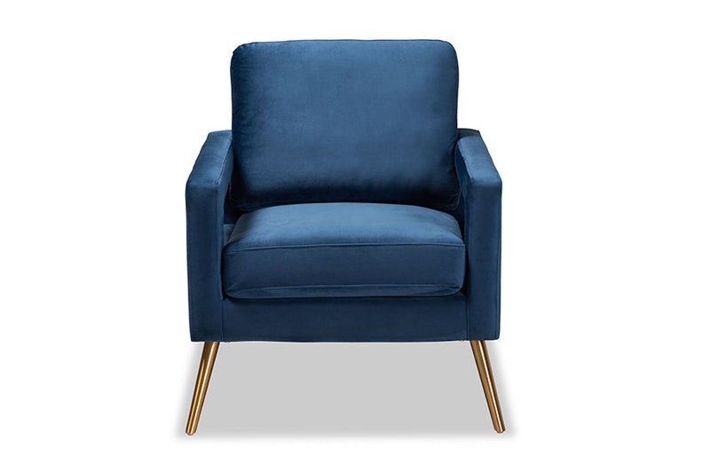 Prewitt Navy Blue Velvet Fabric Upholstered and Gold Finished Armchair Baxton