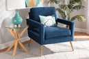 Prewitt Navy Blue Velvet Fabric Upholstered and Gold Finished Armchair Baxton