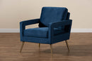 Prewitt Navy Blue Velvet Fabric Upholstered and Gold Finished Armchair Baxton