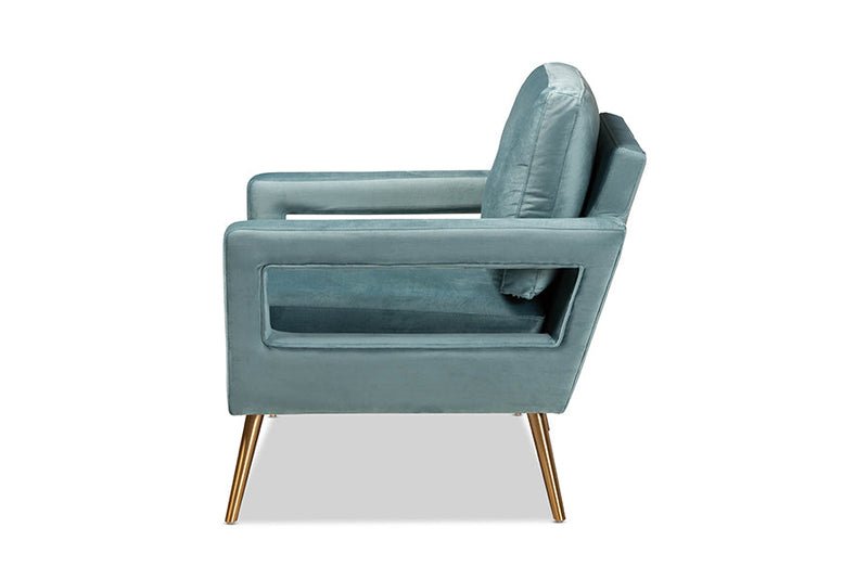 Prewitt Light Blue Velvet Fabric Upholstered and Gold Finished Armchair Baxton