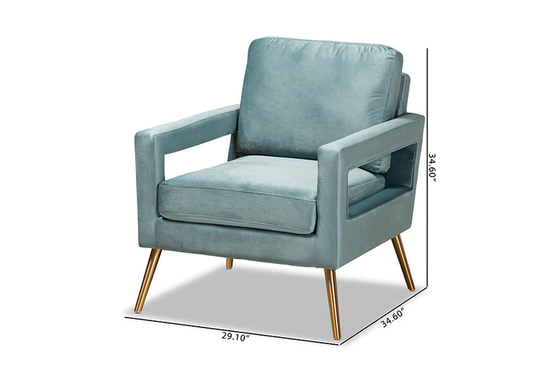 Prewitt Light Blue Velvet Fabric Upholstered and Gold Finished Armchair Baxton