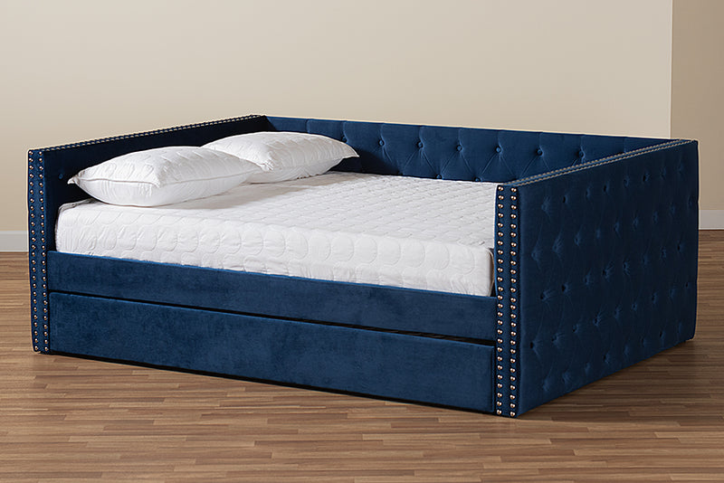 Feya Modern and Contemporary Navy Blue Velvet Fabric Upholstered Full Size Daybed w/Trundle