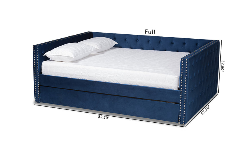 Feya Modern and Contemporary Navy Blue Velvet Fabric Upholstered Full Size Daybed w/Trundle