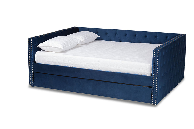 Feya Modern and Contemporary Navy Blue Velvet Fabric Upholstered Full Size Daybed w/Trundle