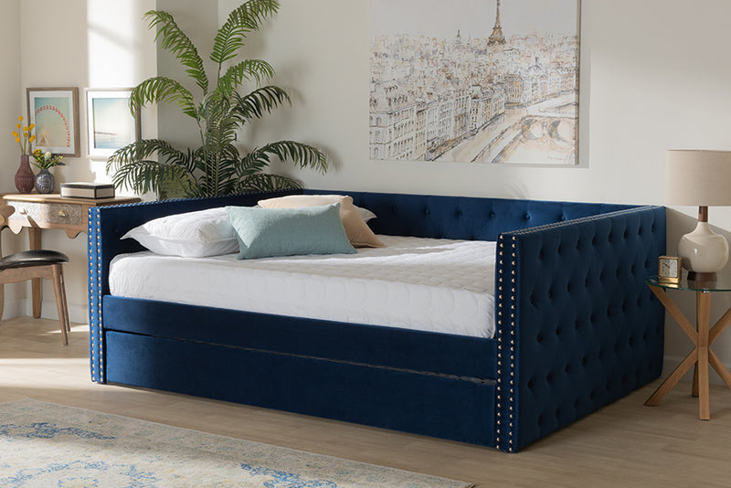 Feya Modern and Contemporary Navy Blue Velvet Fabric Upholstered Full Size Daybed w/Trundle