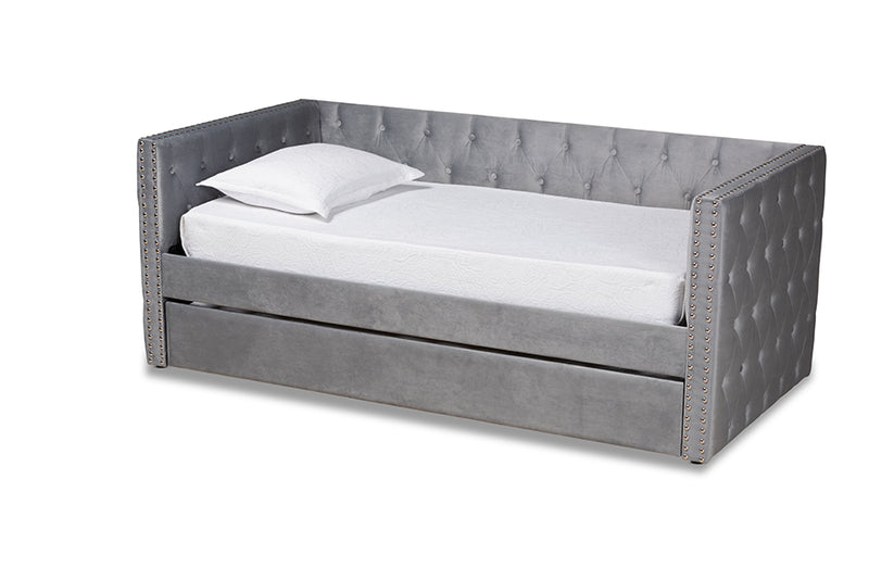 Feya Modern and Contemporary Gray Velvet Fabric Upholstered Twin Size Daybed w/Trundle