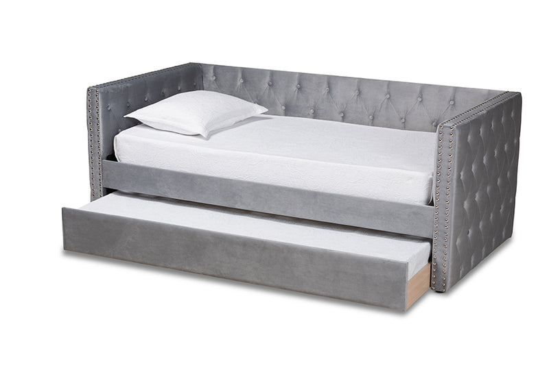 Feya Modern and Contemporary Gray Velvet Fabric Upholstered Twin Size Daybed w/Trundle