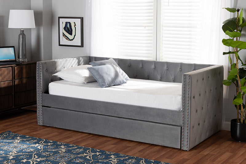 Feya Modern and Contemporary Gray Velvet Fabric Upholstered Twin Size Daybed w/Trundle