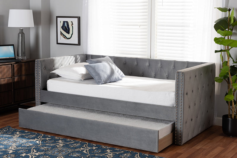 Feya Modern and Contemporary Gray Velvet Fabric Upholstered Twin Size Daybed w/Trundle