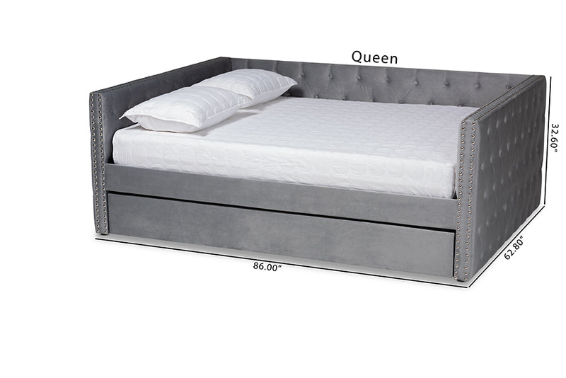 Feya Modern and Contemporary Gray Velvet Fabric Upholstered Queen Size Daybed w/Trundle