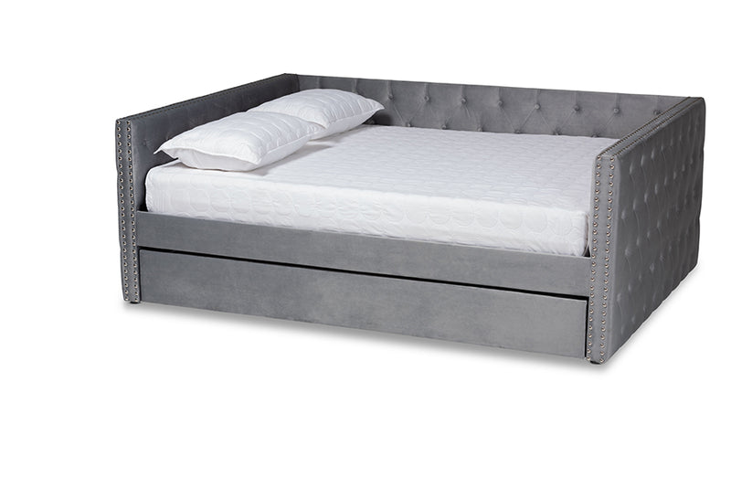 Feya Modern and Contemporary Gray Velvet Fabric Upholstered Queen Size Daybed w/Trundle