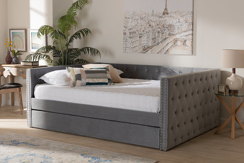 Feya Modern and Contemporary Gray Velvet Fabric Upholstered Queen Size Daybed w/Trundle