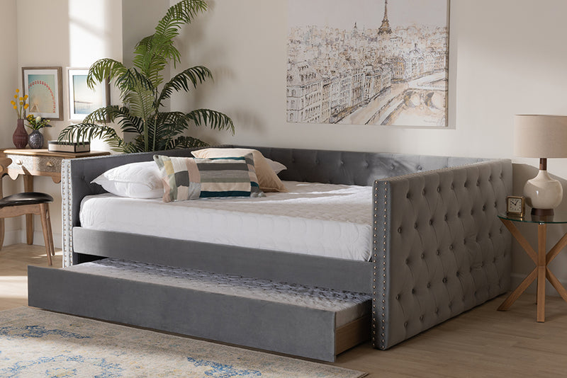 Feya Modern and Contemporary Gray Velvet Fabric Upholstered Queen Size Daybed w/Trundle