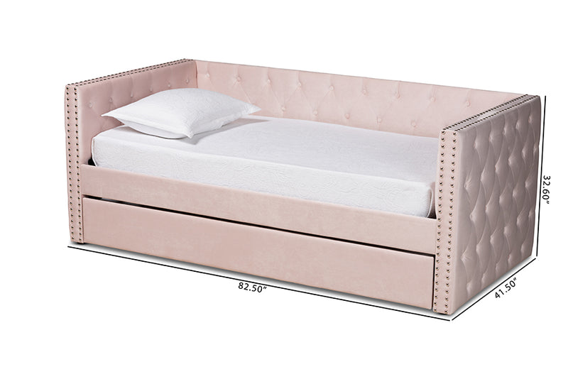 Feya Modern and Contemporary Pink Velvet Fabric Upholstered Twin Size Daybed w/Trundle