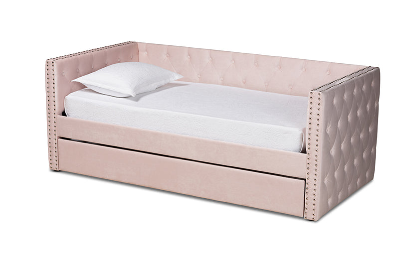 Feya Modern and Contemporary Pink Velvet Fabric Upholstered Twin Size Daybed w/Trundle