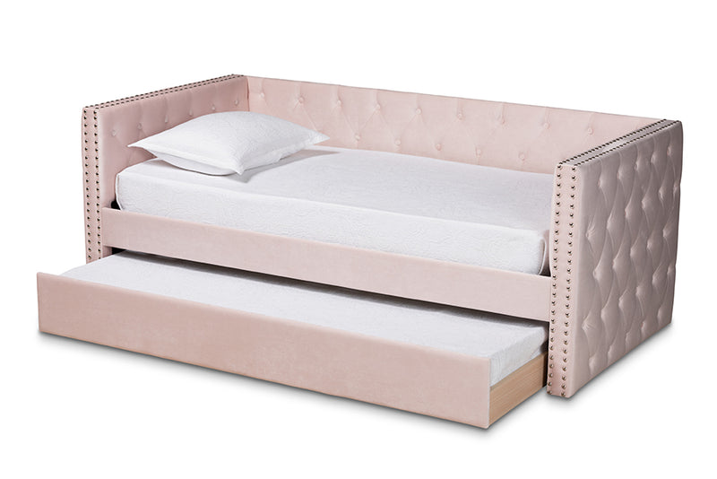 Feya Modern and Contemporary Pink Velvet Fabric Upholstered Twin Size Daybed w/Trundle