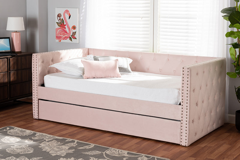 Feya Modern and Contemporary Pink Velvet Fabric Upholstered Twin Size Daybed w/Trundle