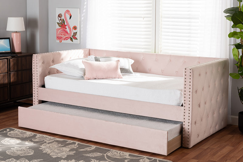 Feya Modern and Contemporary Pink Velvet Fabric Upholstered Twin Size Daybed w/Trundle