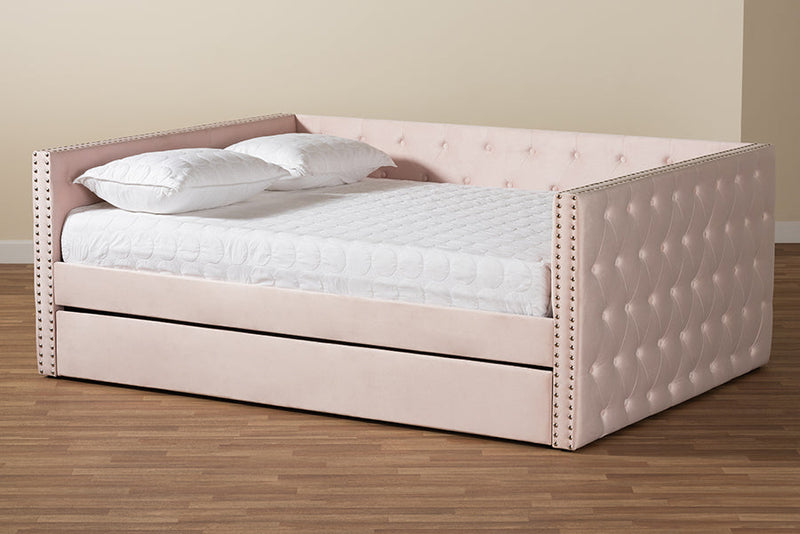 Feya Pink Velvet Fabric Upholstered Queen Size Daybed w/Trundle Baxton
