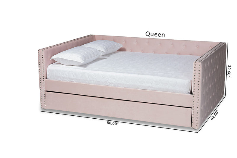 Feya Pink Velvet Fabric Upholstered Queen Size Daybed w/Trundle Baxton