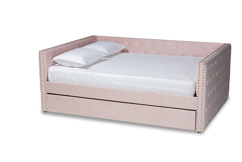 Feya Pink Velvet Fabric Upholstered Queen Size Daybed w/Trundle Baxton