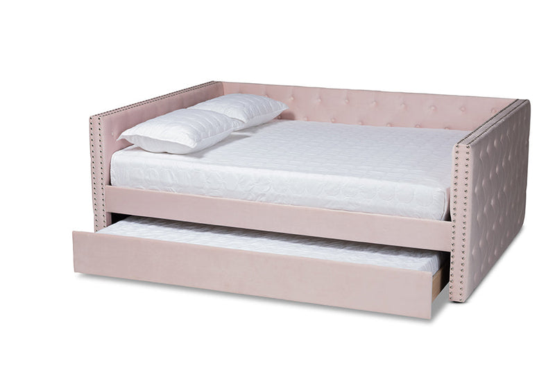 Feya Pink Velvet Fabric Upholstered Queen Size Daybed w/Trundle Baxton