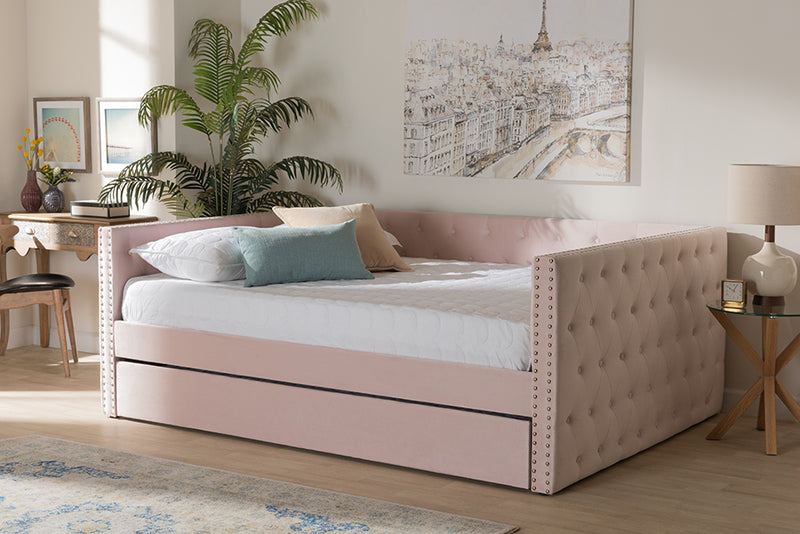 Feya Modern and Contemporary Pink Velvet Fabric Upholstered Full Size Daybed w/Trundle