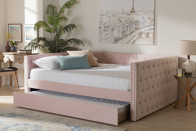 Feya Modern and Contemporary Pink Velvet Fabric Upholstered Full Size Daybed w/Trundle