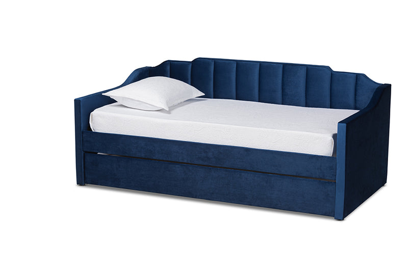 Naresh Modern and Contemporary Navy Blue Velvet Fabric Upholstered Twin Size Daybed w/Trundle